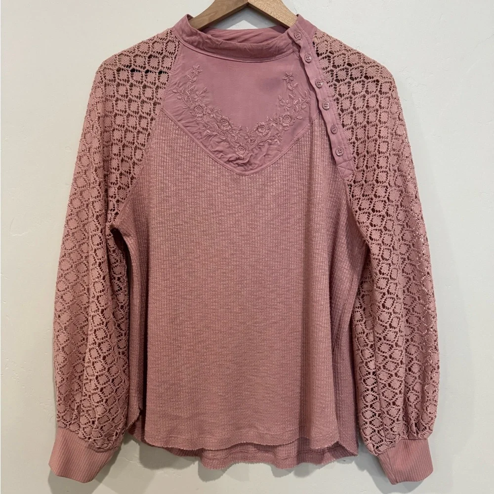 Free People Sweetest Thing Lace Sleeve Thermal‎ Boho Top In Dusty Rose M Flaw
